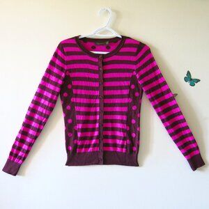 The Limited Pink Magenta Mocca Brown Stripes And Dots Wool Blend Cardigan Sz. XS